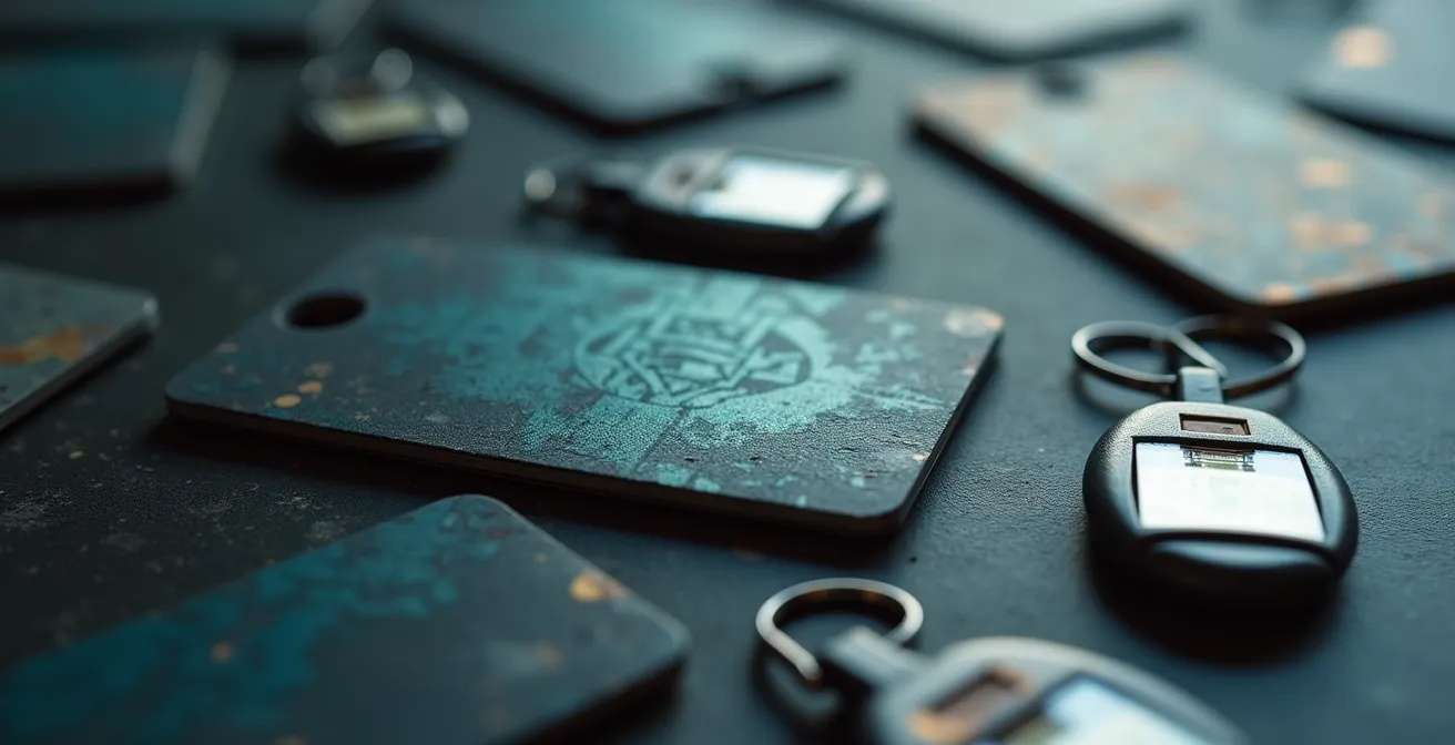 Scattered abandoned access cards and keys on a dark surface representing security vulnerabilities
