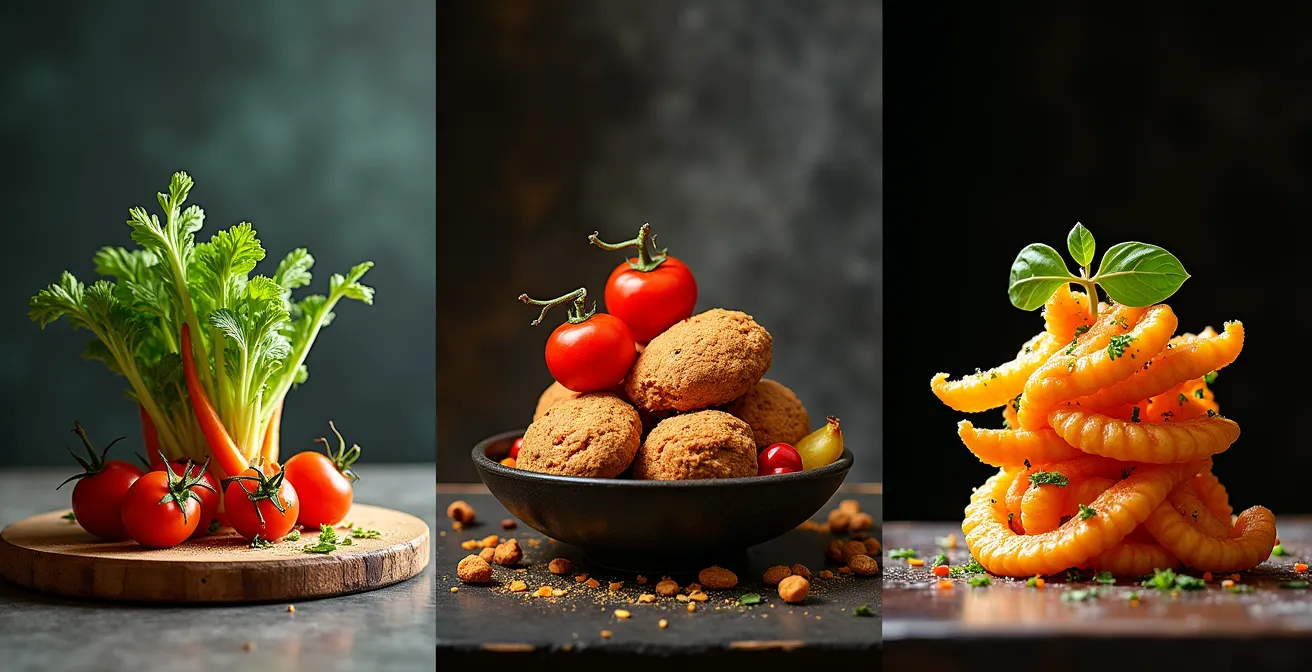 Artistic composition showing transformation of humble ingredients into refined dishes representing narrative themes