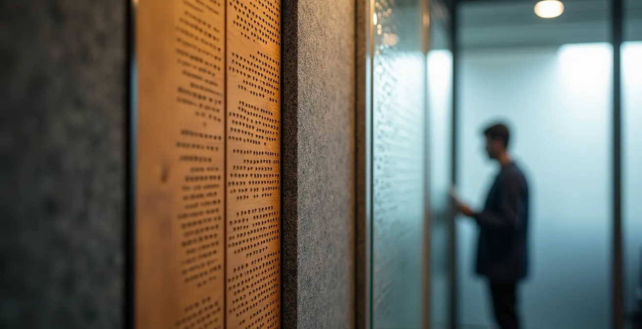 Cross-section view of office showing acoustic zones from quiet to collaborative