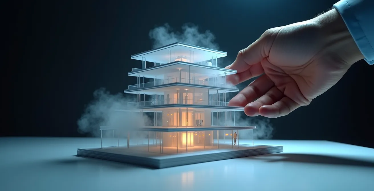 Modern apartment building cross-section showing air flow patterns and sensor locations