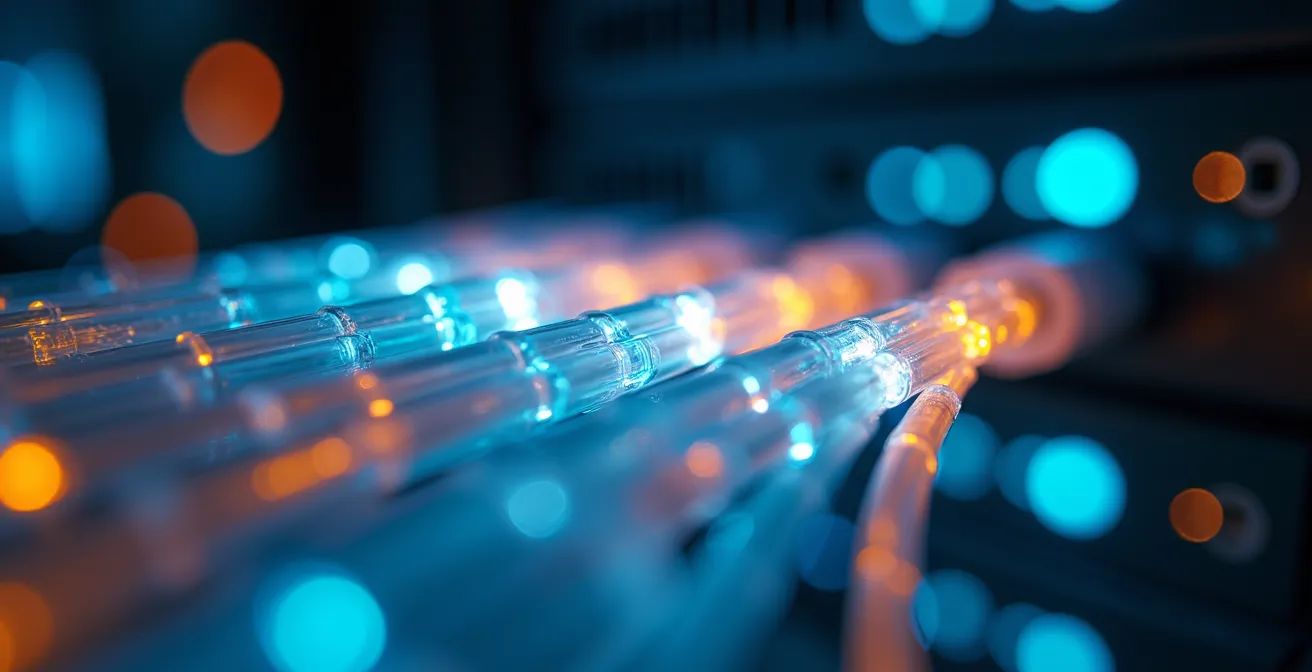 Extreme close-up of fiber optic cables under stress testing conditions, representing API performance.