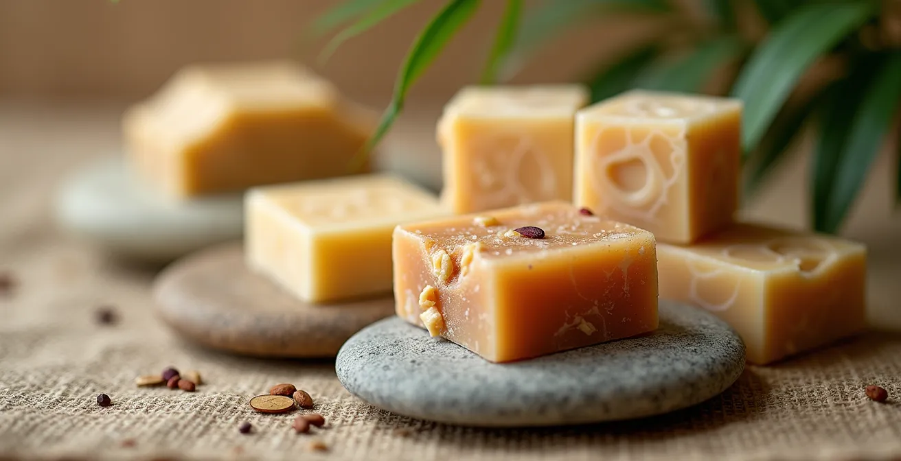 Elegant display of solid shampoo bars and natural toiletries in a luxury hotel bathroom