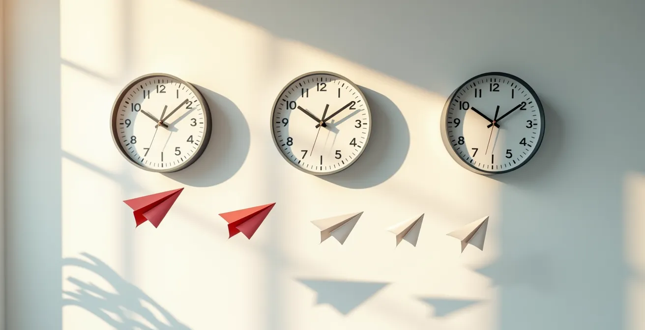 Visual representation of team collaboration across different time zones using clocks and paper airplanes to symbolize message flow.