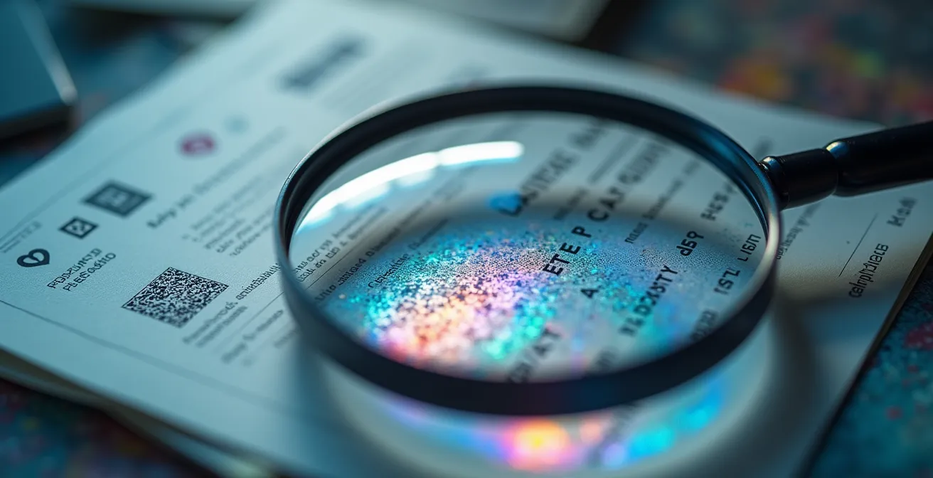 Magnifying glass examining environmental certification documents with holographic security features