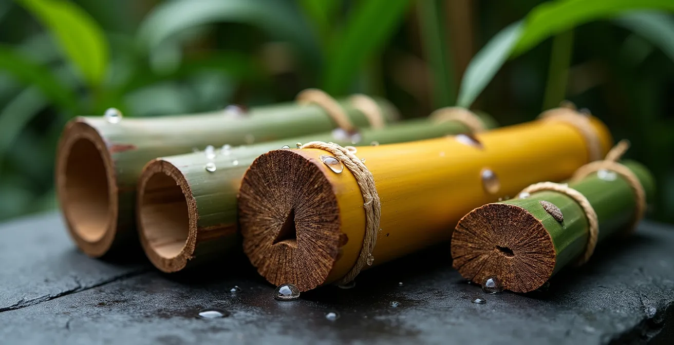 Close-up of traditional bamboo joint with water-resistant treatment