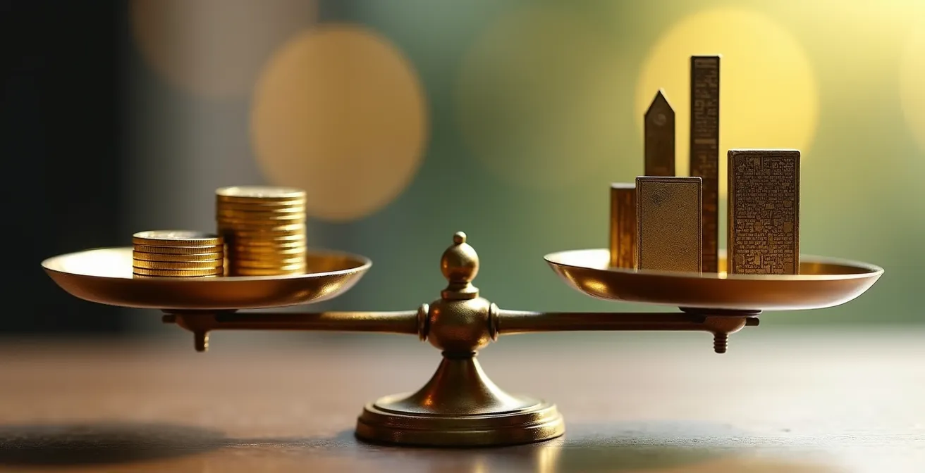 Macro shot of vintage brass balance scale with coins on one side and a graph visualization of ascending buildings on the other.