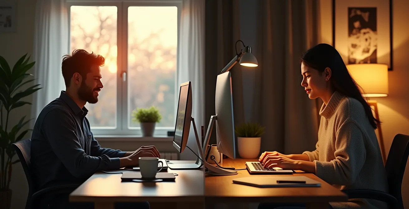 Split-screen showing early morning and late night productive work sessions in home office environments