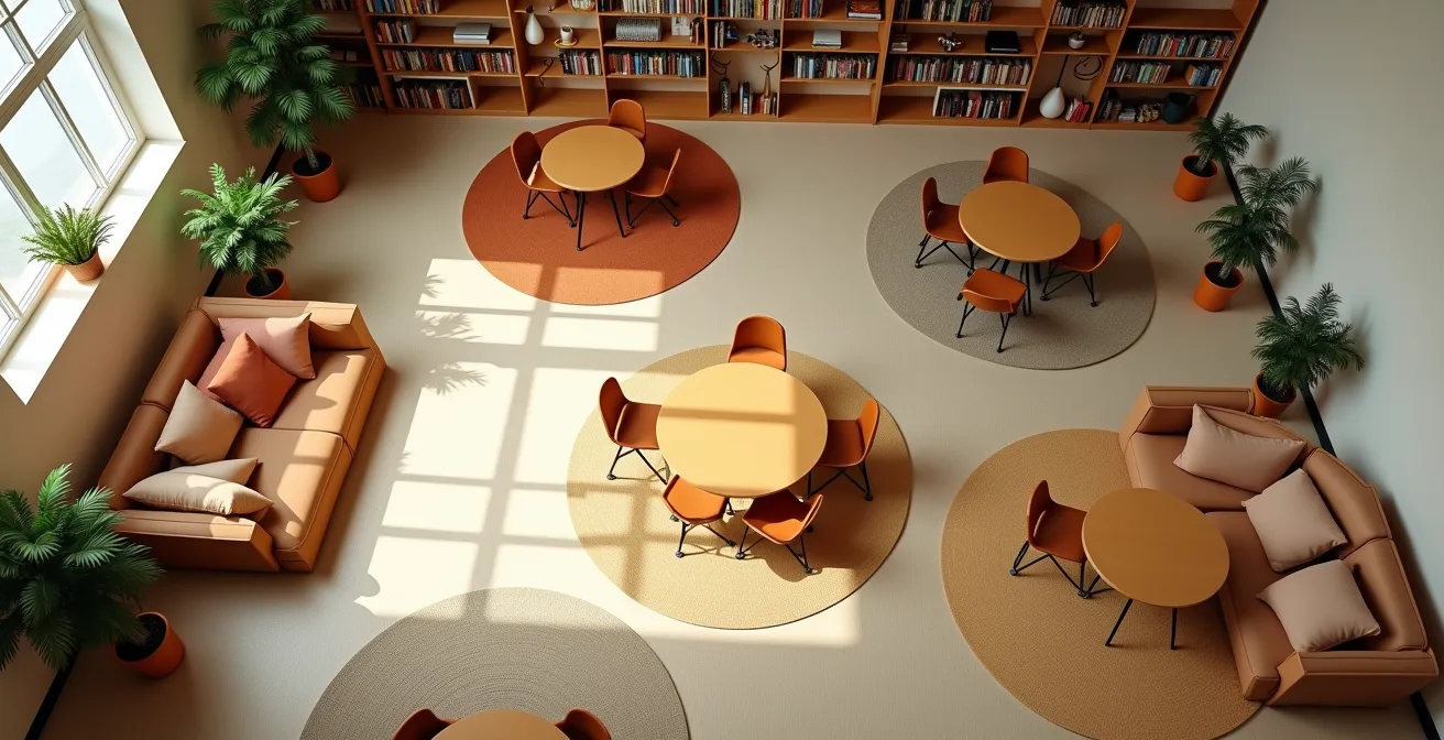 Aerial view of classroom showing distinct breakout zones with acoustic separation