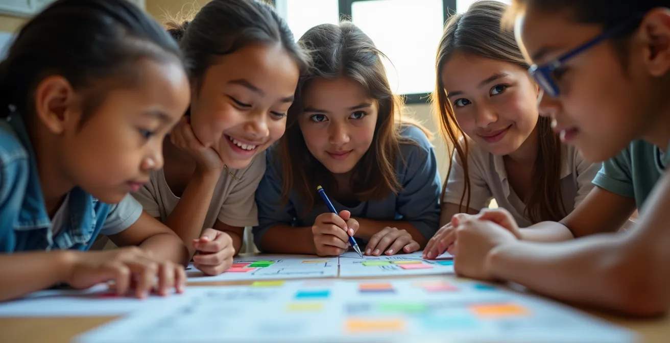 Students working together on project materials with visual collaboration tools