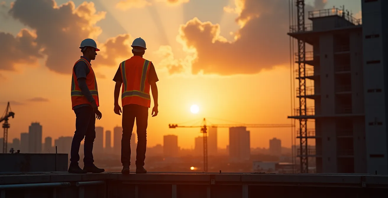 Construction worker standing on scaffolding overlooking city skyline at golden hour