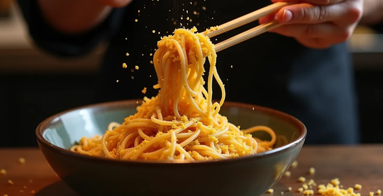 Macro shot showing textural contrast between crispy and soft noodles