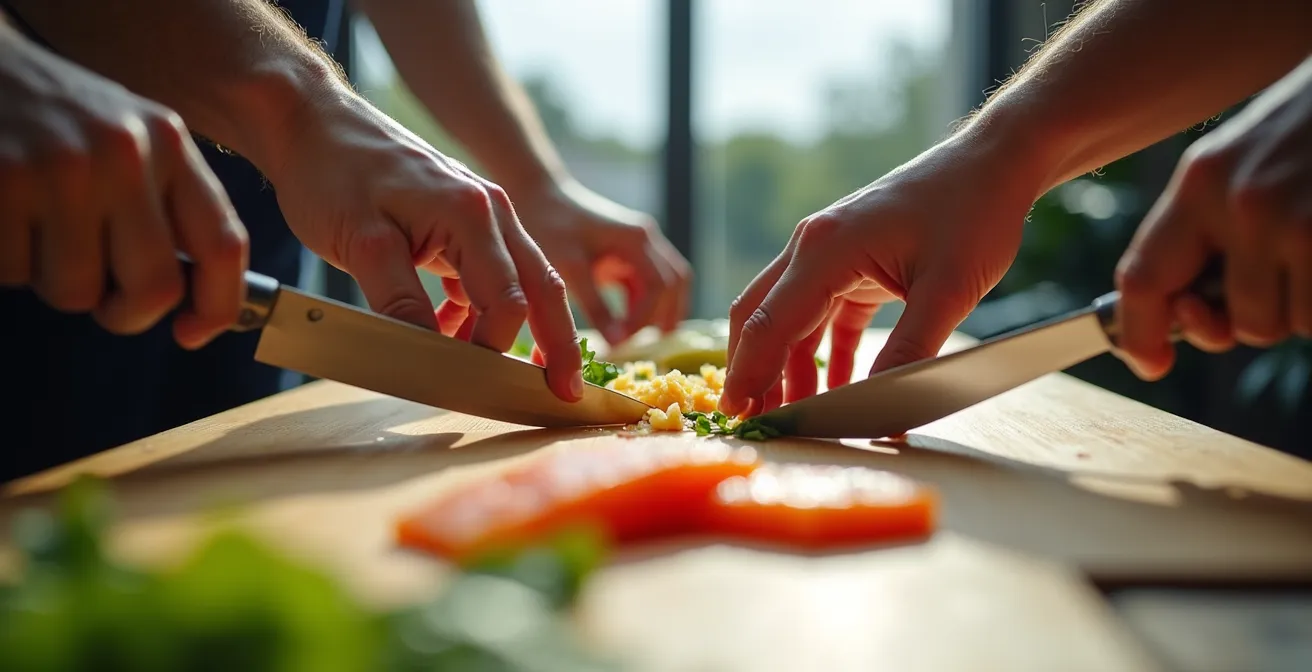 Split composition showing two distinct culinary traditions meeting through shared ingredients and techniques