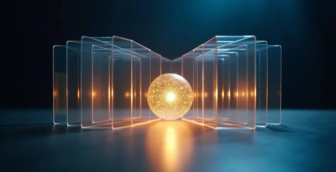 Abstract representation of data security with protective barriers and flowing information