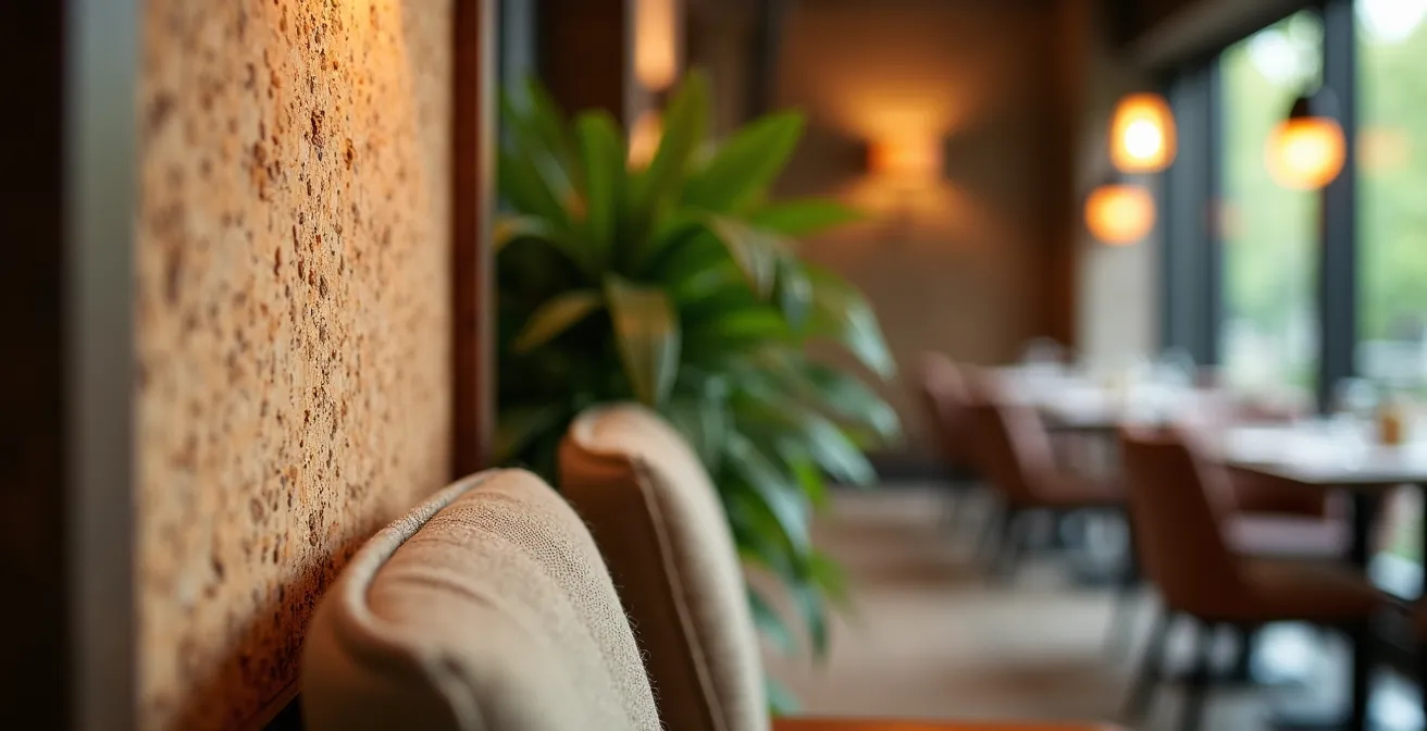Modern dining room showcasing natural acoustic treatments with plants and textured surfaces