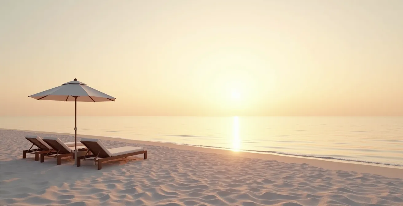 Serene empty beach resort during off-peak season with pristine sand and calm waters