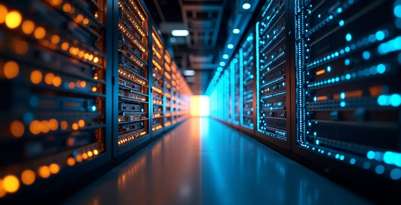 Split-screen visualization showing old and new ERP systems running in parallel during migration phase
