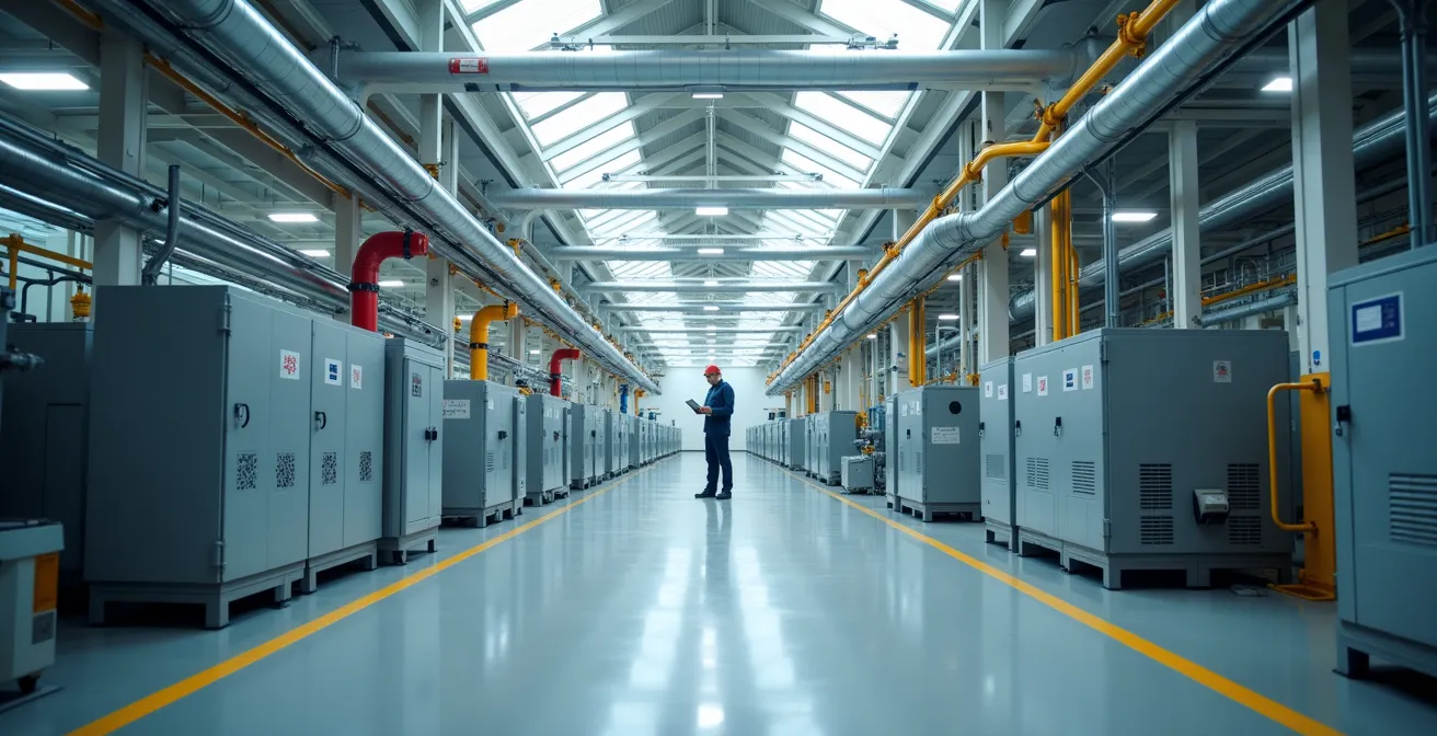 Facility manager using BIM digital twin for predictive maintenance in a modern and clean mechanical room.