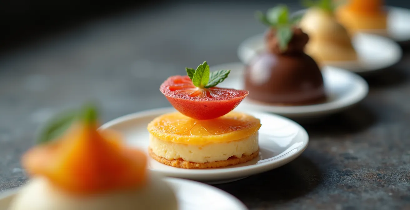 Sequential arrangement of dishes showing flavor progression from light to rich with palate cleansers