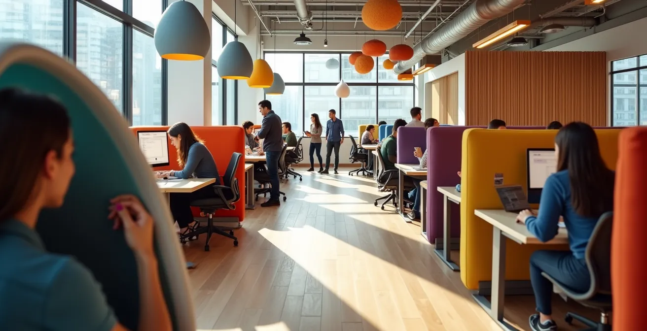 Aerial view of modern office showing different acoustic zones with varied ceiling treatments