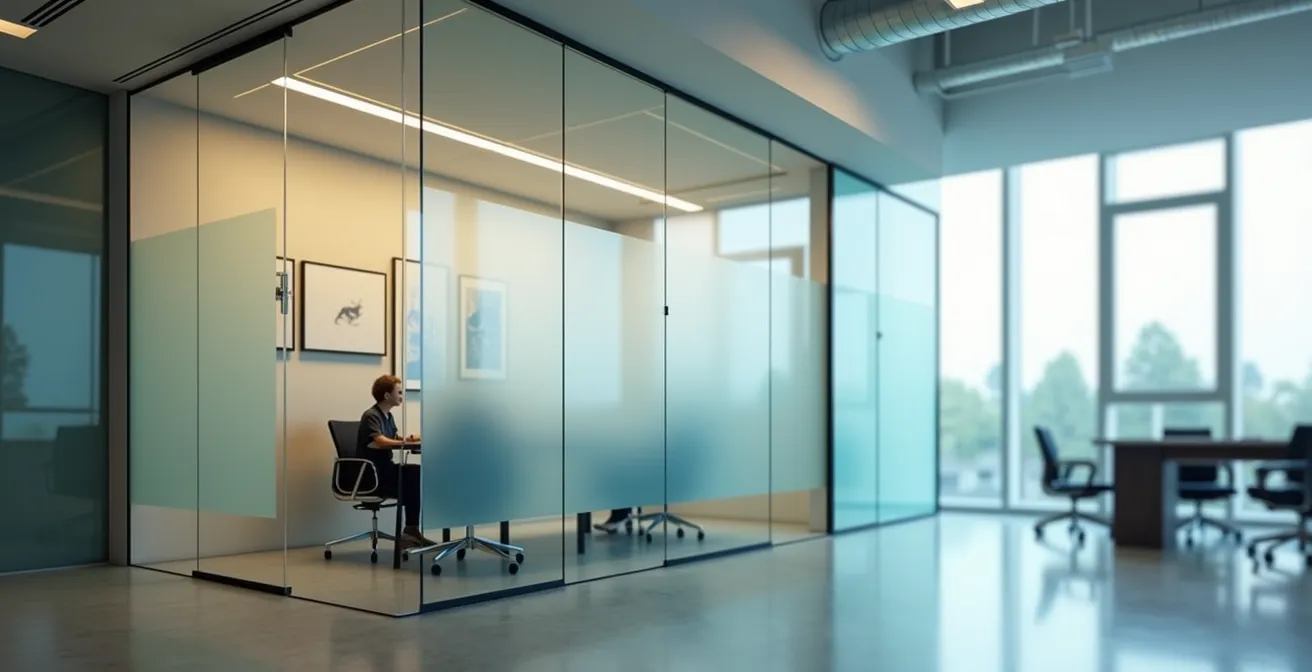 Glass-walled meeting room showing sound wave paths and acoustic treatment points