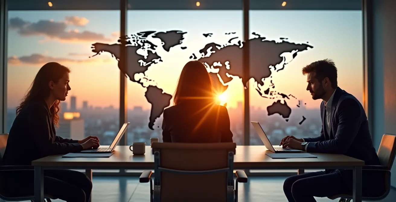 World map showing workflow handoffs across three time zones with abstract light trails