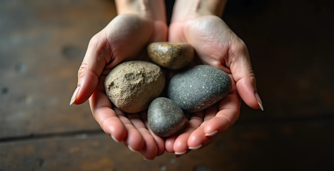 A close-up of hands holding various natural objects, such as a stone and bark, for sensory grounding.