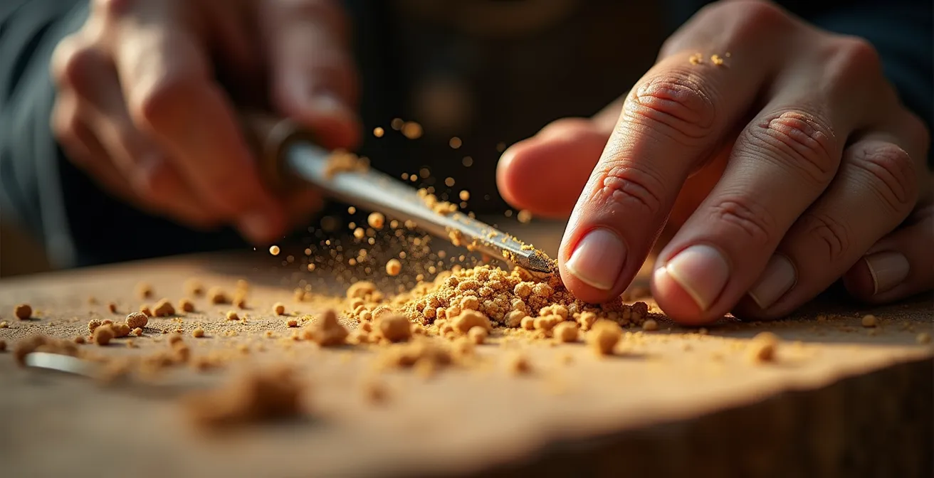 Close-up of weathered hands carefully restoring intricate antique woodwork with traditional tools