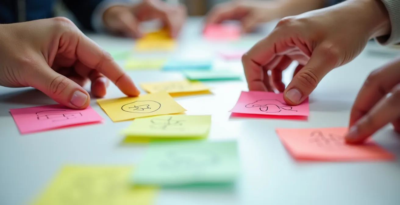 A close-up of diverse hands placing colorful sticky notes with abstract drawings on a surface, symbolizing inclusive, asynchronous ideation.