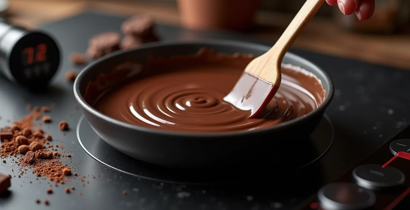 Close-up of chocolate being tempered on an induction cooktop showing precise temperature control