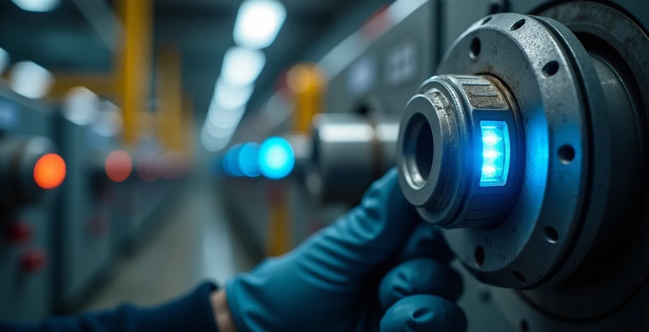 Macro view of IoT sensors on building equipment with data visualization overlay