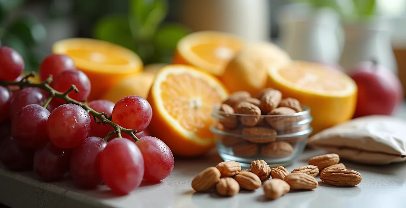 A kitchen counter with pre-cut fruits in clear containers at eye level while unhealthy snacks are stored high up in opaque containers