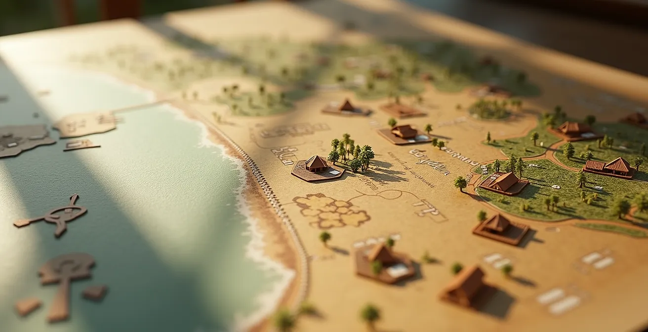 Macro close-up of resort map with privacy zones marked