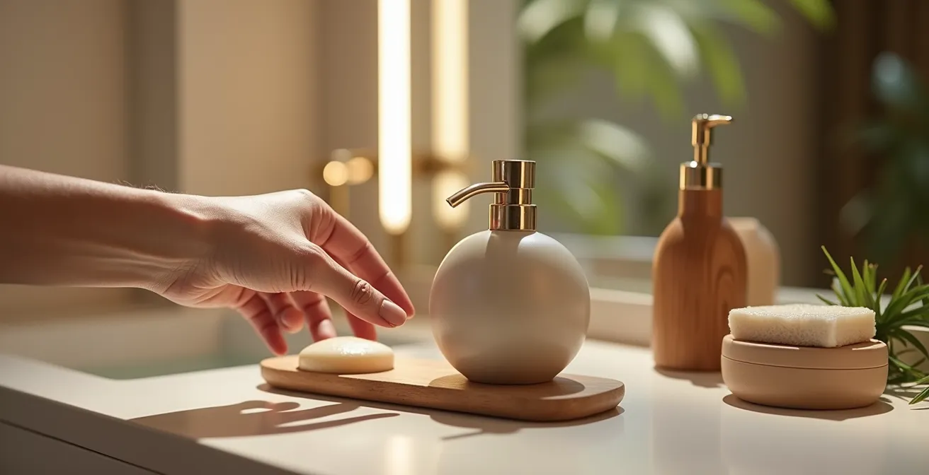 Elegant refillable bathroom dispensers and locally crafted amenities in upscale eco-lodge setting