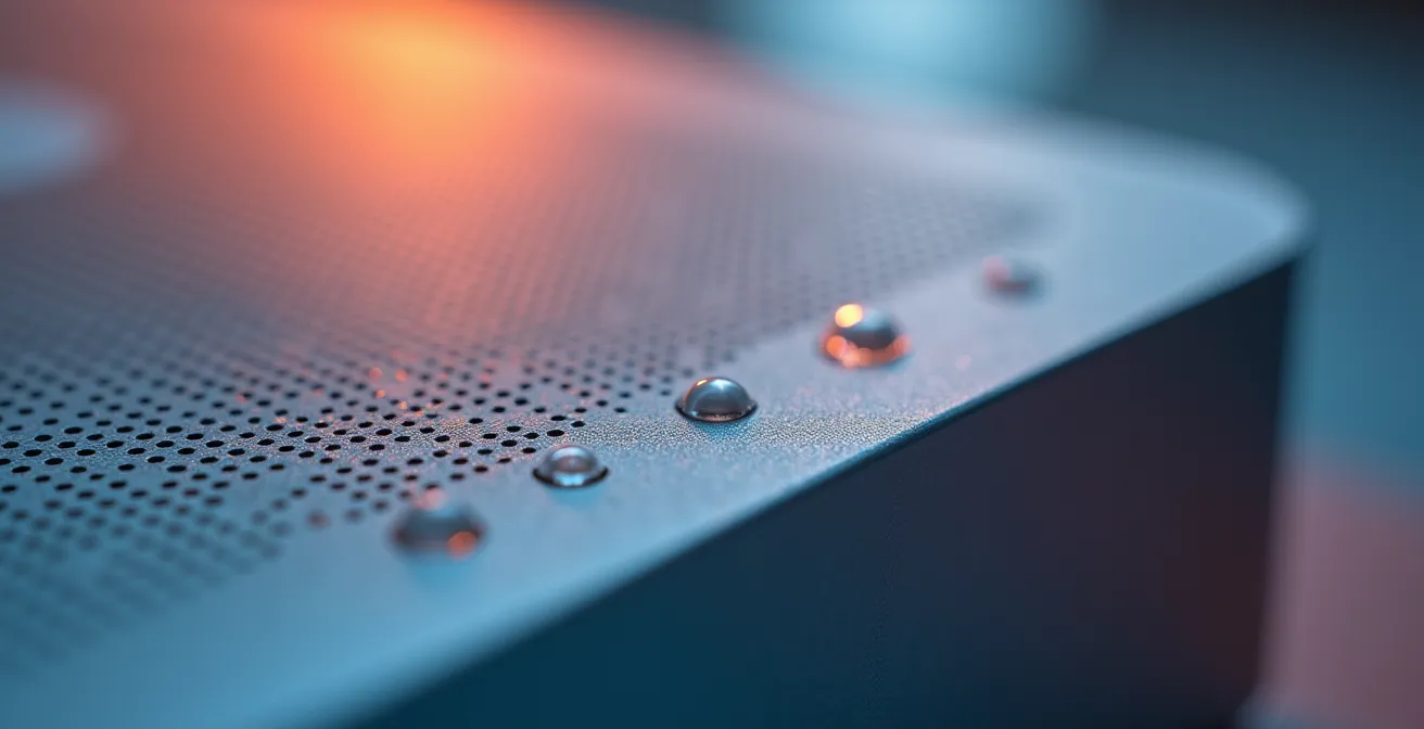 Extreme close-up of smart home device surface showing premium materials and craftsmanship