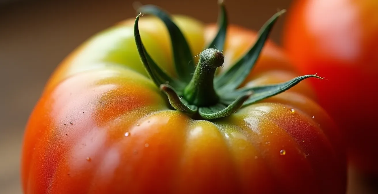 Extreme close-up of tomato surface showing texture and natural ripening at room temperature