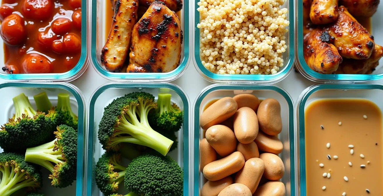 Glass containers with prepped ingredients arranged systematically showing bases, proteins, vegetables, and sauces