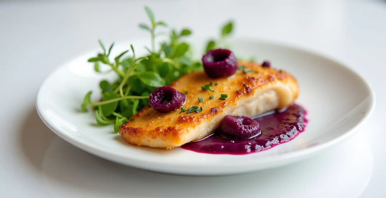 Elegant fine dining plate with landscape plating technique showing organic arrangement