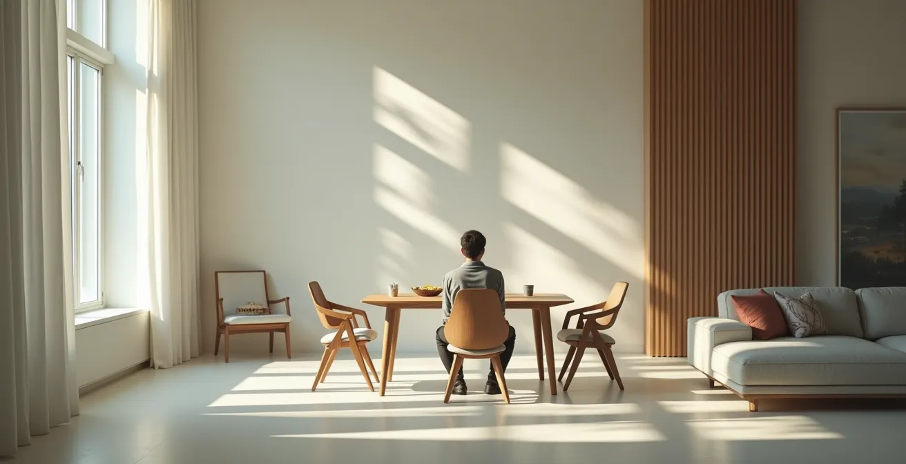 Wide shot of person eating alone at table surrounded by subtle environmental cues