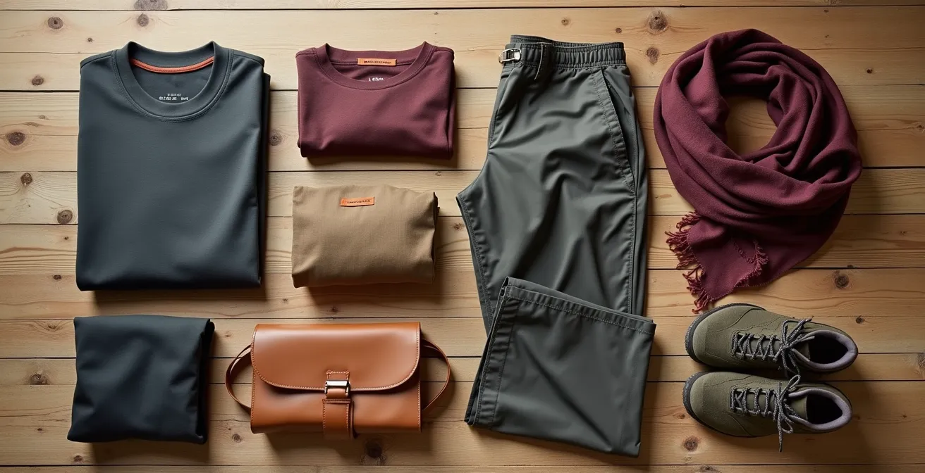 Organized carry-on contents showing versatile travel clothing