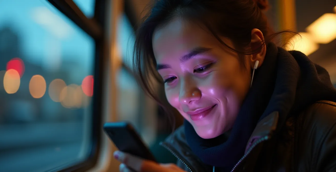 Person on public transit engaged with smartphone showing abstract learning interface