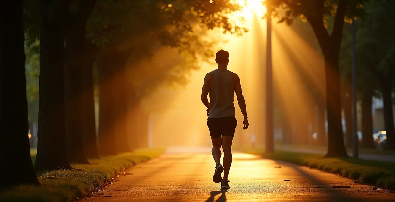 Golden morning light streaming through tree branches creating natural patterns on a walking path