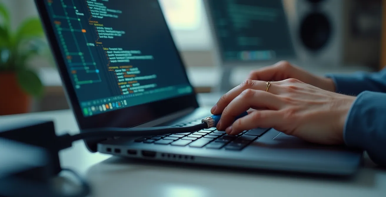 Network engineer performing bandwidth test with laptop connected to wall ethernet port