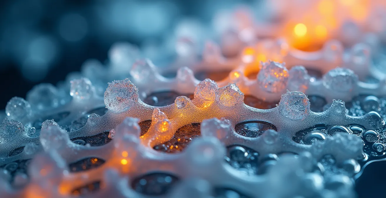 Macro close-up of crystallized neural structures showing the contrast between rigid expert pathways and flexible learning zones