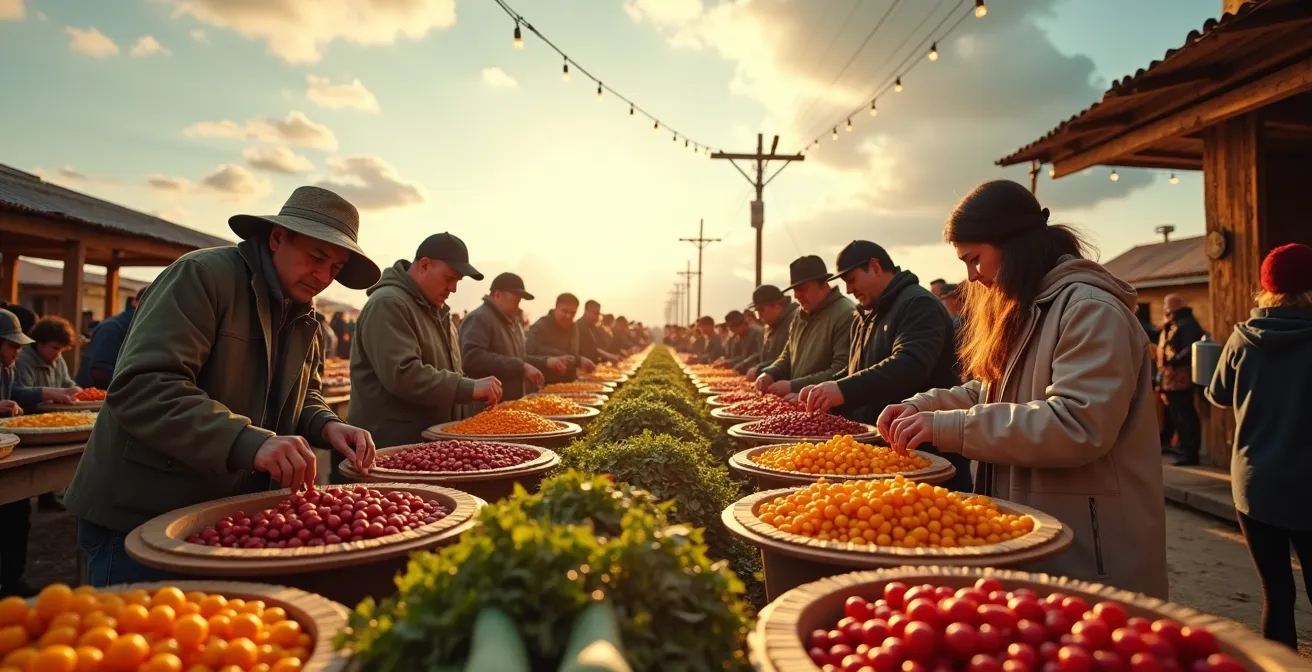 Wide shot of authentic local harvest festival with community members and respectful travelers participating together in traditional activities