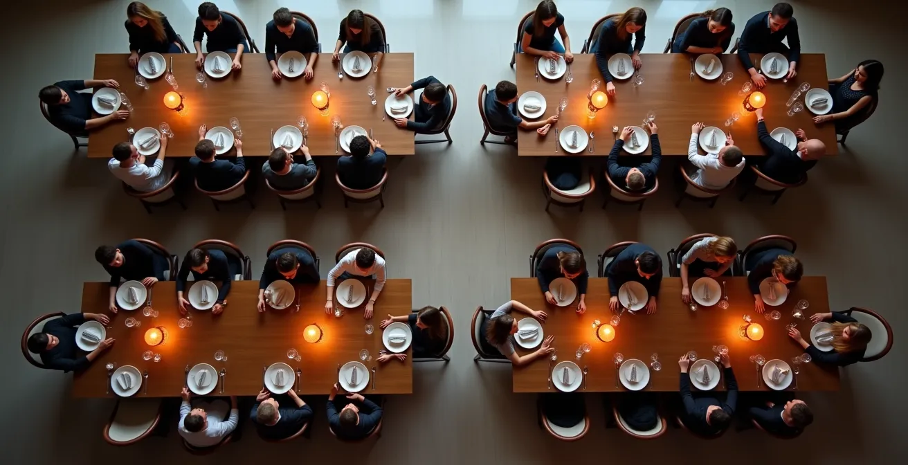 Overhead view comparing different dining table shapes and conversation flow patterns