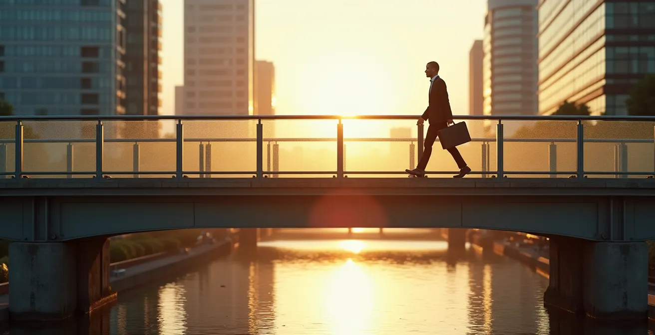 A business professional walks on a modern glass bridge, representing a new ERP, while an old bridge runs parallel below, symbolizing a smooth migration.