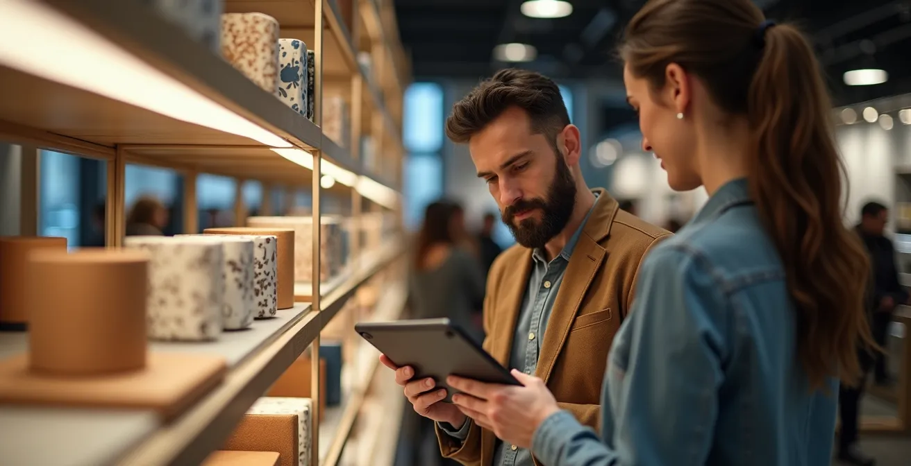 Customer interacting with digital kiosk while sales associate assists nearby in modern retail environment