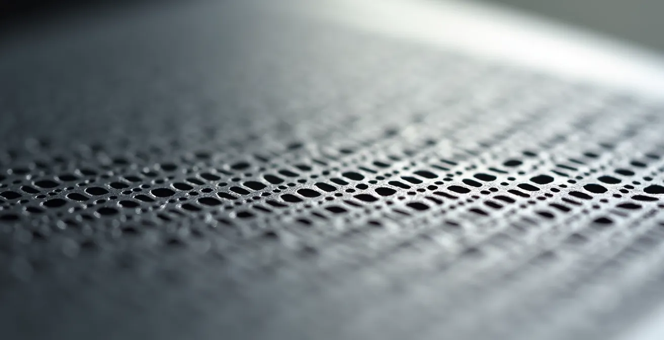 Close-up macro view of acoustic ceiling emitter with perforated surface texture