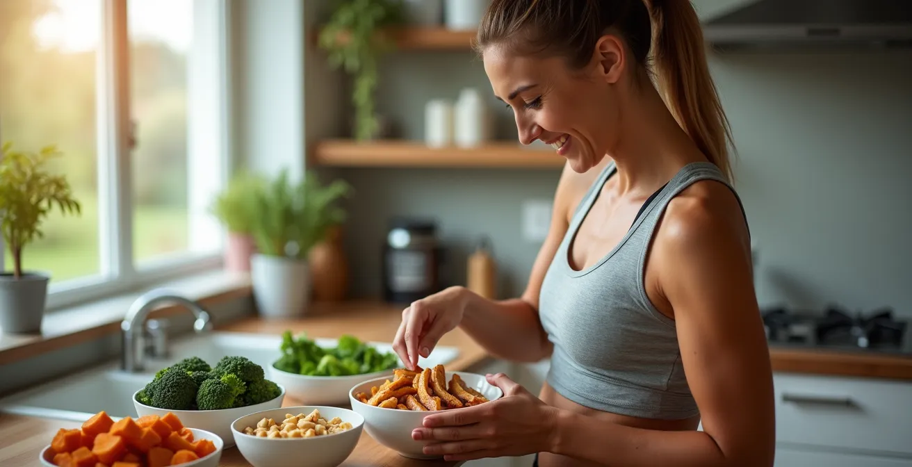 Athletic person preparing a balanced post-workout meal with visible protein, carbohydrates, and vegetables