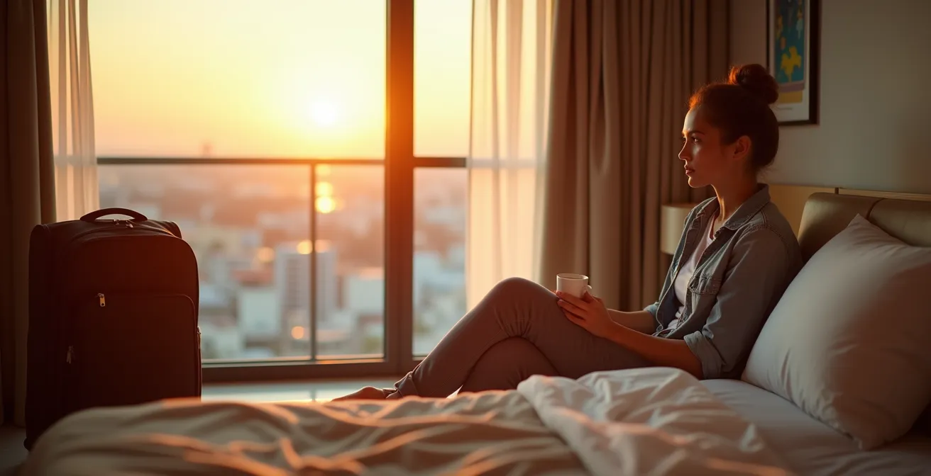 Traveler relaxing in a consistent hotel room base with day trip items organized nearby